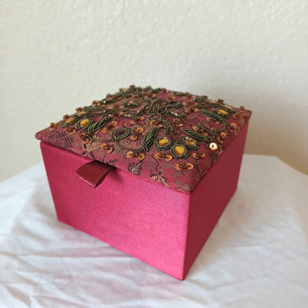 Red Burgundy Embellished Satin-Like Jewelry Keepsake Trinket Box, 4x4 square